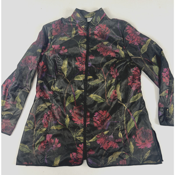 Chicos Jacket Asian inspired Women's Sz 2 Black Floral Long Sleeves‎ Beaded Silk - Picture 1 of 13